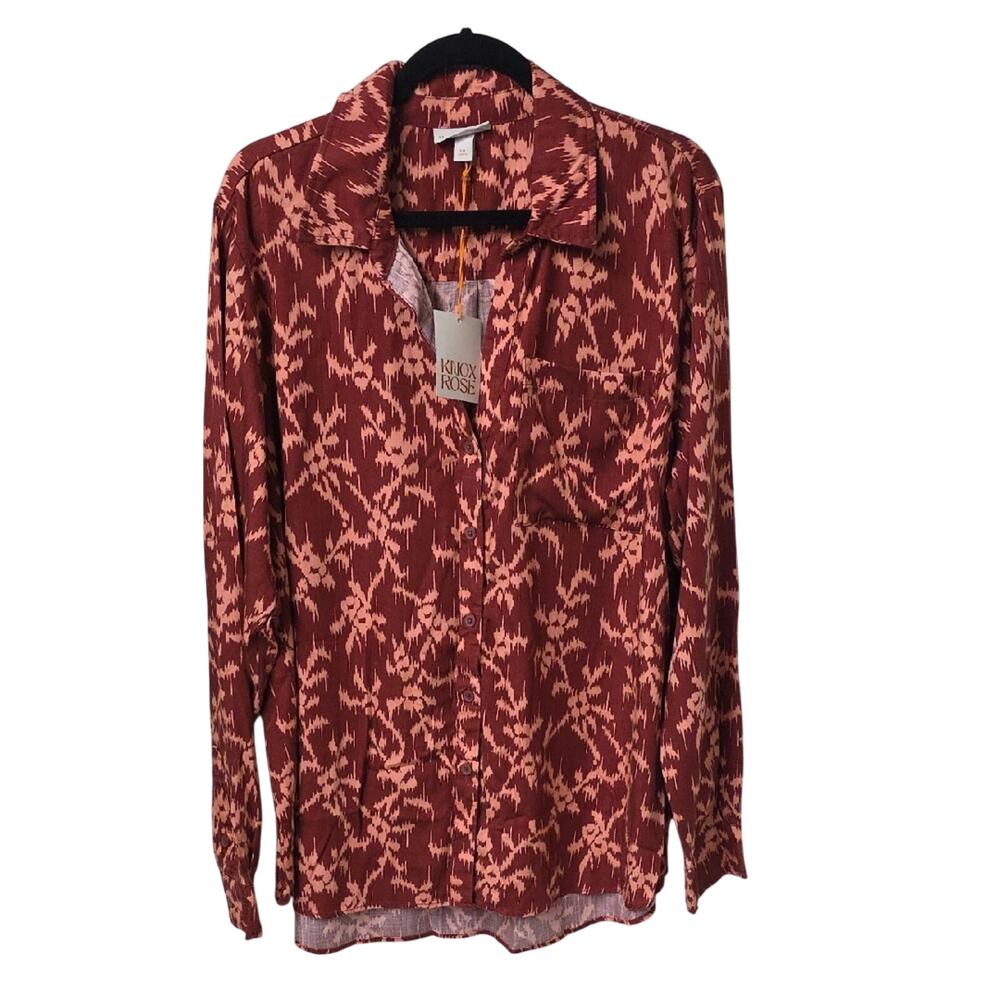 Knox Rose Deep Hibiscus Print Button Down Shirt Womens Plus Size XXL NWT